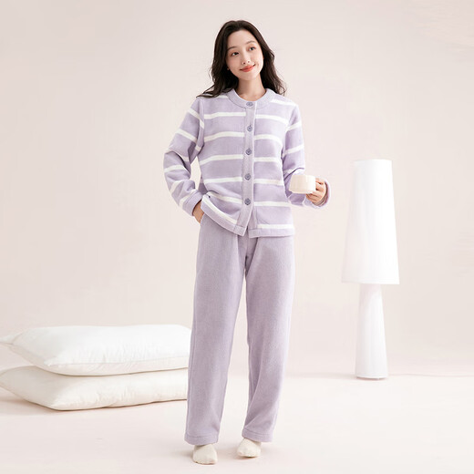 Fenton Pajamas Women's Anti-static Double-sided Velvet 2025 New Thick Warm Pajamas Women's Striped Loose Home Clothes