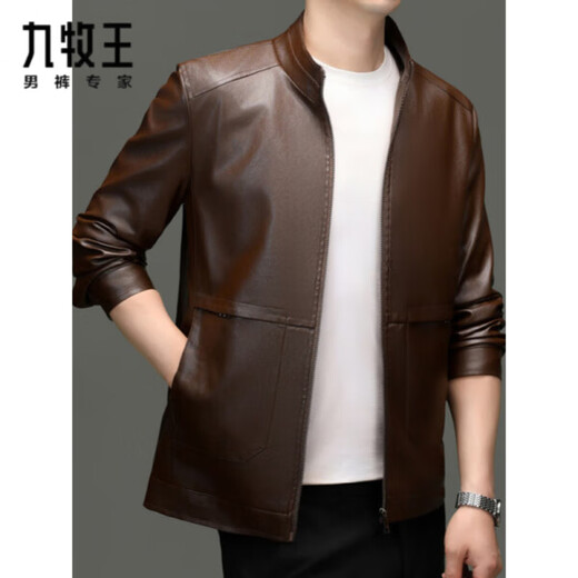 Jiumuwang men's leather jacket short stand collar zipper autumn and winter casual jacket PU leather top middle-aged dad men's jacket black M