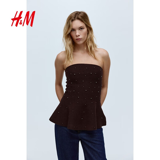 H&M 2025 new autumn women's beaded tube top 1303064 dark plum purple XS 155/80