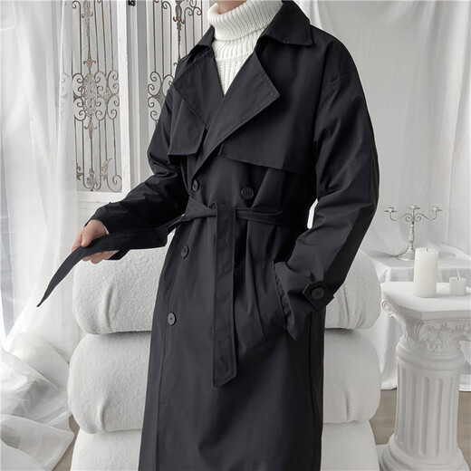 Dingfengbaoluo Korean style windbreaker men's autumn and winter cotton thickened warm and cold-proof long coat XKF68 black L