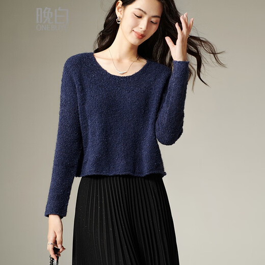 Late White 2025 Winter Premium Casual Sweater Temperament Loose Round Neck Wool Solid Color Sweater Women Dark Blue L