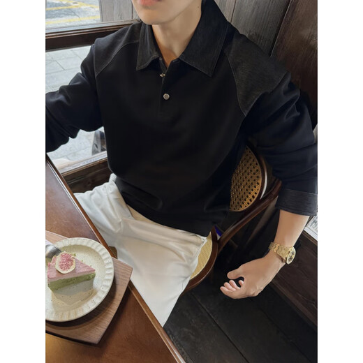 XUANSENTU black American shoulder polo shirt men's autumn handsome Henry collar sweatshirt long-sleeved inner layered shirt trendy black upgraded version 2XL