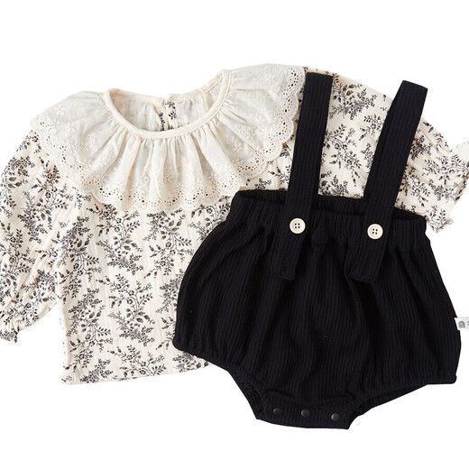 Xier Korean style baby suit spring style baby girl lace sweet and stylish floral top girls overalls suit floral suspender bag black two-piece set 80 CM