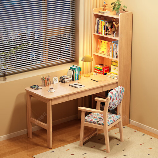 Huixun solid wood corner desk bookshelf integrated children's study table student home desk small apartment corner computer desk walnut color #desk + bookshelf 100cm*60cm*182cm total length 125cm