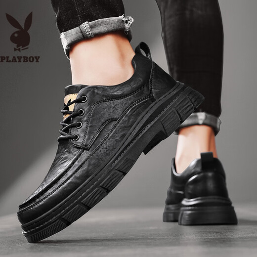 PLAYBOY Leather Shoes Men's 2025 Autumn Formal Business Casual Shoes Round Toe British Martin Boots Men's Work Shoes Black 42