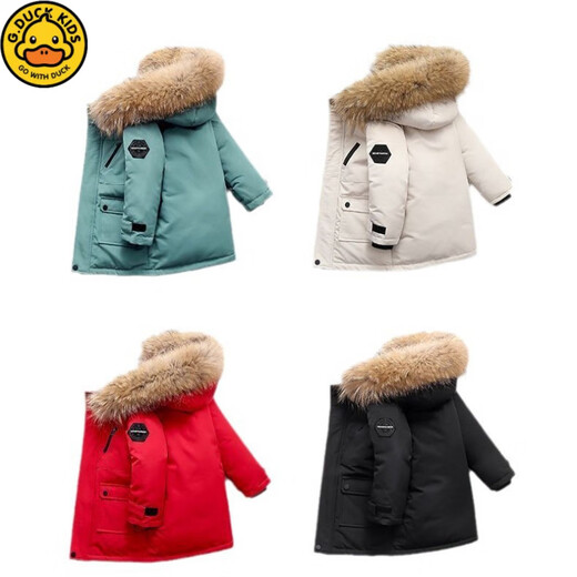 G.DUCKKIDS Boys Down Cotton Padded Jacket Thickened Parka Jacket 2025 Autumn and Winter Coat Children's Hooded Large Fur Collar Cotton Jacket Hot Sale Black 120 cm