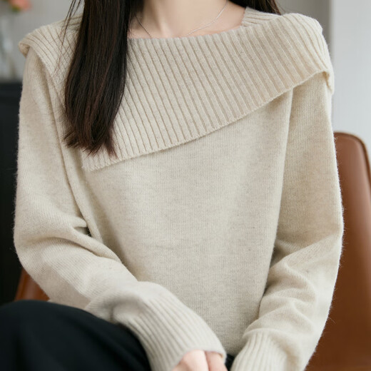 La Chapelle French design shawl one-shoulder sweater feminine bottoming thickened lapel sweater 2025 autumn and winter new style beige XL recommended weight 125-150Jin Jin equals 0.5 kg