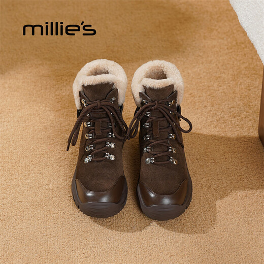Millies genuine leather fashion plus velvet warm Martin boots for women, versatile lace-up high-top casual shoes, short boots for women, brown 37