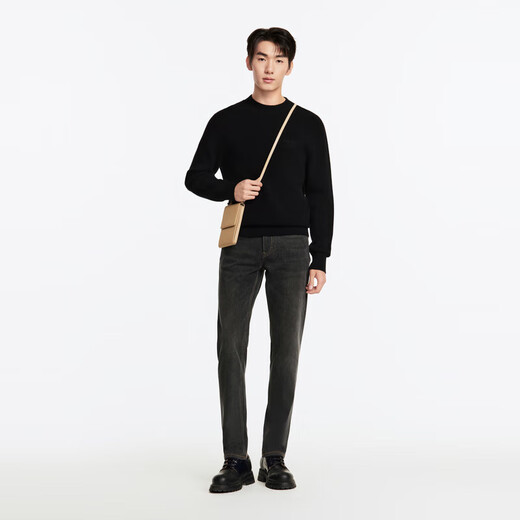 九牧王【商场同款 含羊毛羊绒】男装羊毛衫男25春冬新款圆领暖绒毛衣男 修身版+黑色+JY1DV50647 M 170/92A(48)