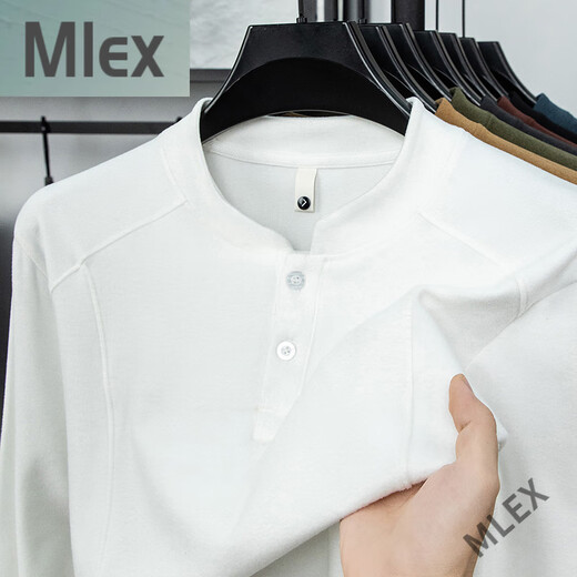 MLEX Tianjun Department Store Men's 2025 New Business Sweater Double-sided German Velvet Bottoming Shirt Men's Henry Collar Long Sleeve White 2XL (Recommended 150-170 Jin Jin equals 0.5 kg)