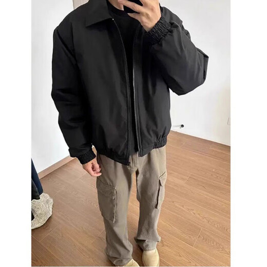 7 high-quality Hong Kong style casual jackets for men, autumn and winter quilted warm lapel jackets, men's work clothes, pilot cotton coats, cotton clothes, GWHG-3386 black XL