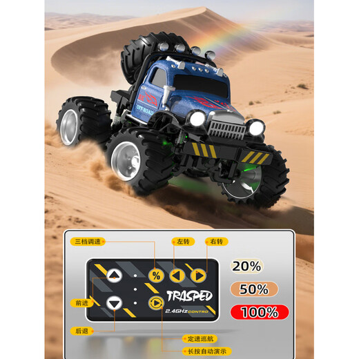 桌面RC迷你合金短卡遥控车越野大脚车1:64电动儿童玩具男孩皮卡车 迷你合金-灯光越野大脚车【蓝色】避震+定速巡航+三 官方标配