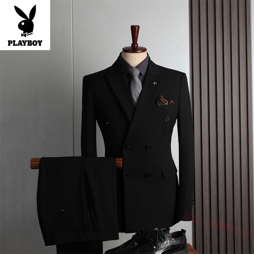 Playboy Suit Men's Double Breasted Business Casual Stretch Suit Three Piece Groom Wedding Dress Double Striped Black (Top + Pants + Vest) Free Shirt + Tie + Leather 2XL Weight (153-165Jin Jin is equal to 0.5kg)