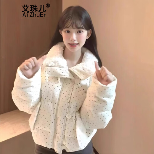 Aizhuer sweet polka dot down jacket for women 2025 winter new thickened bread jacket lapel short cotton jacket off-white M