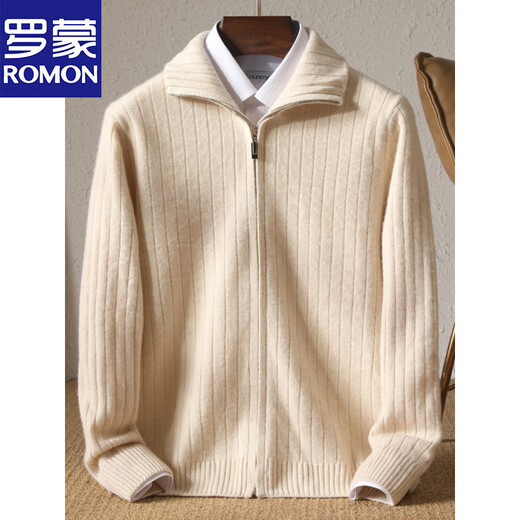 Romon 100% pure wool sweater men's turtleneck thickened zipper solid color sweater velvet business casual wool sweater jacket blue XL 150-170Jin Jin equals 0.5 kg