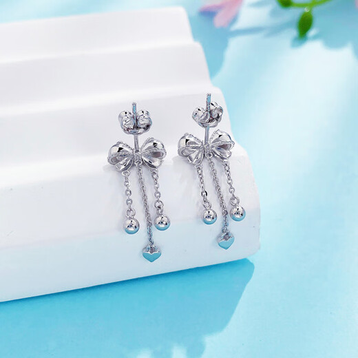 Laofu gold platinum pt950 tassel love sweet girly heart bow earrings for women as a birthday gift for girlfriend and wife, about 4.73g