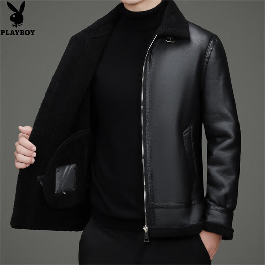 Playboy Plush Leather Jacket Men's Winter Thickened Warm Leather Jacket Fur All-in-One Jacket Fashion Casual Leather Jacket Black XL