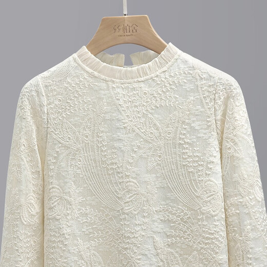 Sibaishe long-sleeved shirt 2025 autumn new women's short lace embroidered loose commuting simple top apricot L