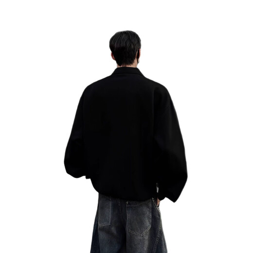 Cleanfit Henry collar sweatshirt men's spring and autumn American retro polo shirt handsome trendy loose long-sleeved inner wear black M