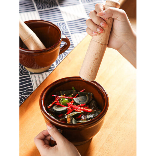 Grinding bowl Farmhouse coarse pottery vegetable bowl food grinder garlic pounding medicine bowl household garlic 2 pack large size grinding bowl with wooden hammer