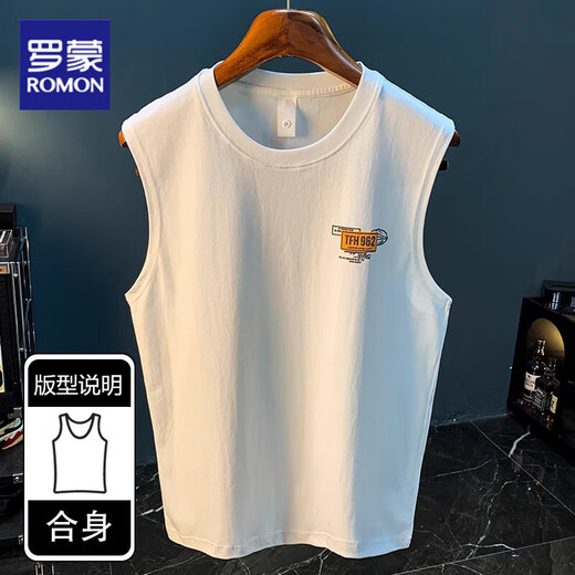 ROMON Loose American Vest Men's 2025 Summer Trendy Printed Sleeveless T-shirt Waistcoat Casual Sports T-shirt Men White HJ9906-1 L