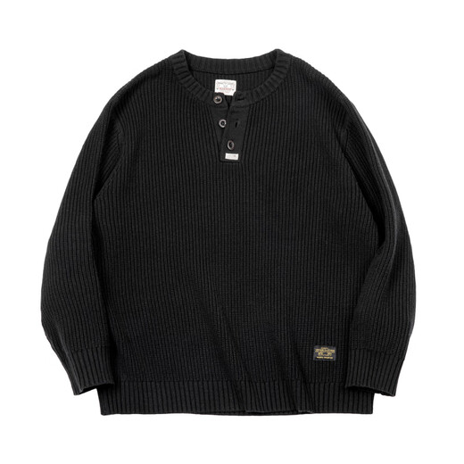 Maden workwear American retro vertical striped Henry collar sweater loose thickened black bottoming sweater men's spring black S