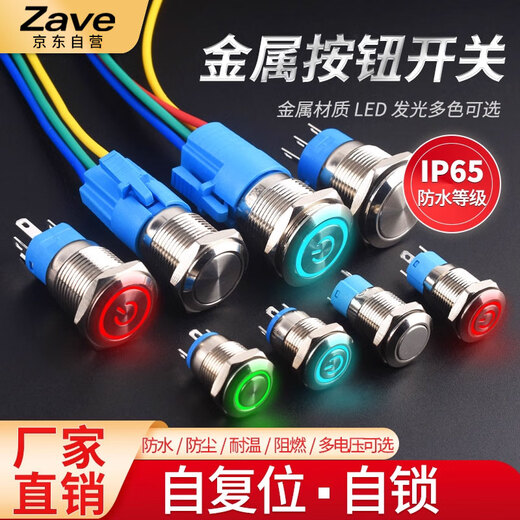 ZAVE metal button switch 12MM flat head power red light 12-24V with wire self-locking
