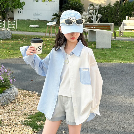 Girls summer thin shirt 2025 new sun protection jacket medium and large children casual children's summer shirt blue 170