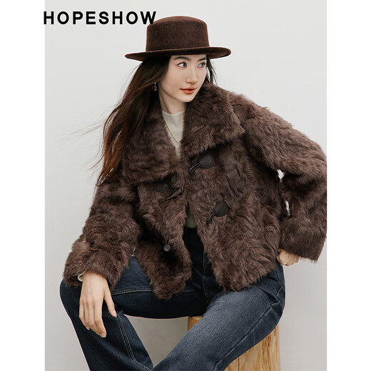Red sleeve (hopeshow) retro horn button fur 2025 winter new women's light mature teddy velvet lapel foreign style short fur coat shadow gray 074 M
