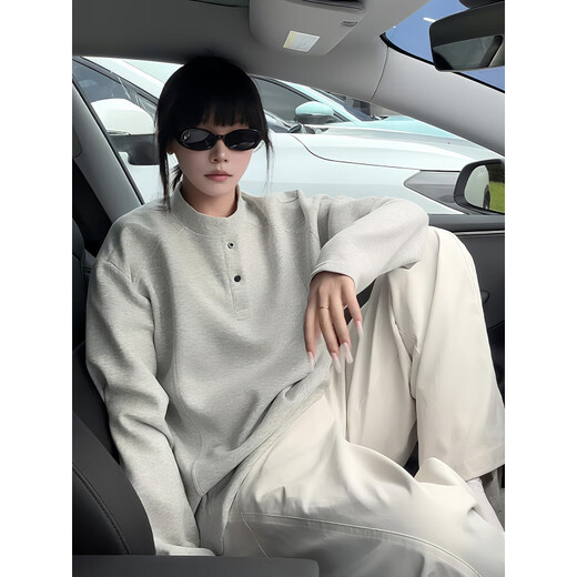 QGF Henry collar right shoulder long-sleeved T-shirt men's autumn and winter deconstructed plus velvet American warm heavyweight sweatshirt base layer white gray regular XL recommended 110-130Jin Jin equals 0.5 kg