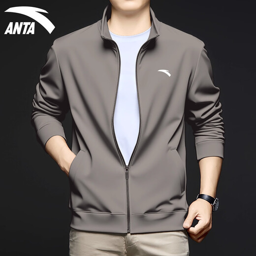 ANTA Soft Shell Sports Jacket Men's 2025 Autumn and Winter New Stand Collar Cardigan Loose Zipper Jacket Sports Casual Wear Top -3 Dusty Gray Regular Style L Suitable for 120-140 Jin Jin equals 0.5 kg