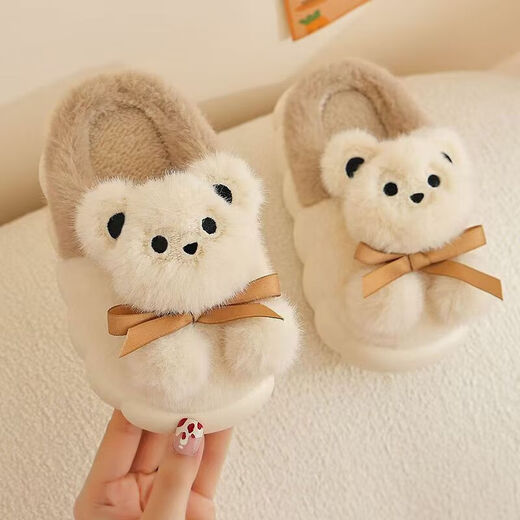 Jin Bingsheng children's cotton slippers for boys and girls in autumn and winter plus velvet thickened warm slippers anti-slip soft bottom cartoon cotton shoes furry shoes off-white bear cotton slippers flannel lining 30 - 31 yards inner length 19cm recommended 4-5 years old