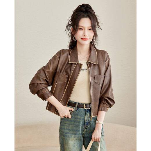 TERRE BLEUE Fashion Autumn Clothing 25 New Retro Motorcycle Leather Jacket Lapel Loose Sweet Cool Maillard Cardigan Jacket