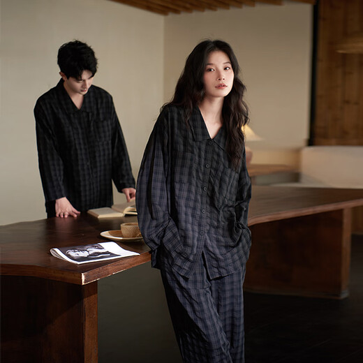 Shaqian New Old Money Style Couple Pajamas 2025 Autumn Bubble Woven Cotton Women's Plaid Home Clothing Men's Suit