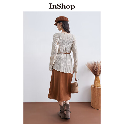 InShop mall same style new women's lazy style knitted sweater solid color simple suspender dress two-piece set red coffee M