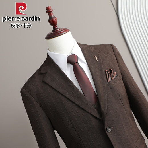 Pierre Cardin high-end striped suit suit men's slim casual groom wedding dress men's two-button large size thick suit dark brown one-piece suit free tie XL (125-135Jin Jin equals 0.5 kg)