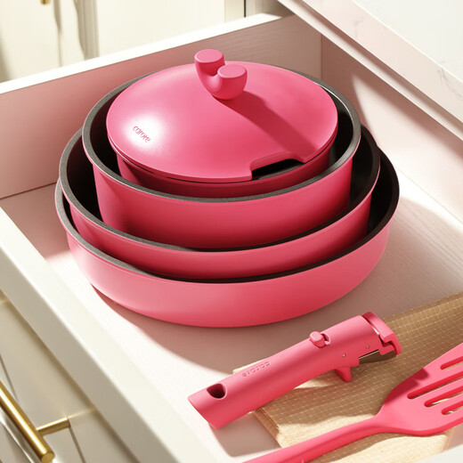 CaROTE non-stick pan removable handle pan household flat-bottomed titanium wok three-piece pot set full set household 7-piece powder set