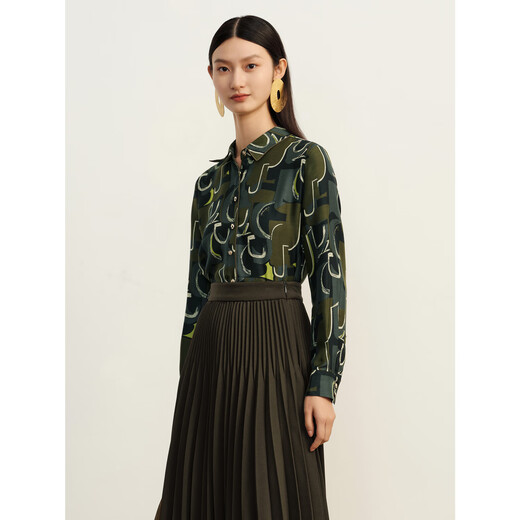 JUZUI Shopping Mall Same Style JZ JUZUI Geometric Eco-friendly Lyocell Wool Shirt Women 2023 Winter JWDD60106 Flower Army Green L