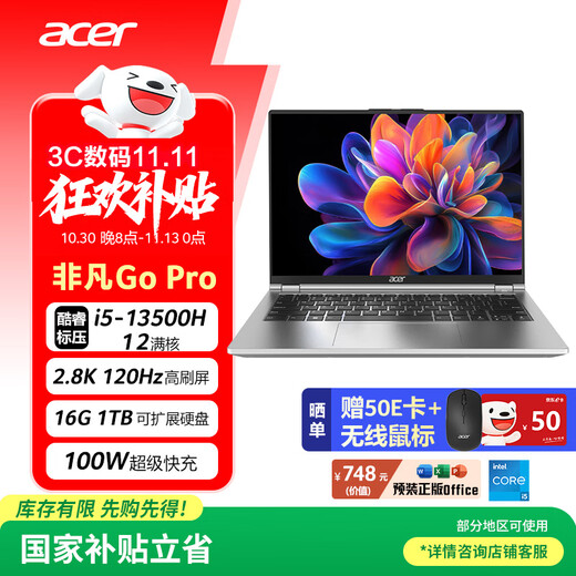 宏碁（acer）非凡Go Pro【国家补贴】14英寸2.8K轻薄本 办公本笔记本电脑学生 (13代酷睿i5-13500H 16G 1TB)灰
