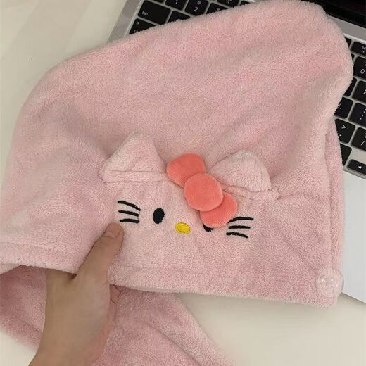 HelloKitty dry hair hat for women, coral velvet, water-absorbent, quick-drying turban, girl's dry hair towel, non-shedding, pink cat 1 pack