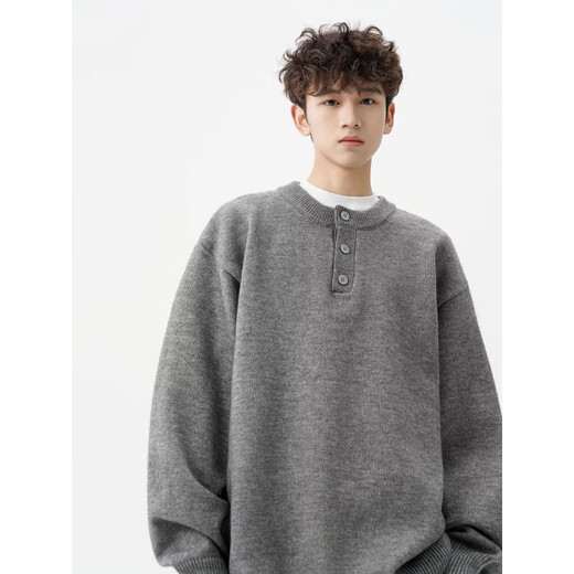 American Henry collar sweater for men, winter thickened pullover knitted bottoming shirt with old money long-sleeved linen clothes, light gray XL