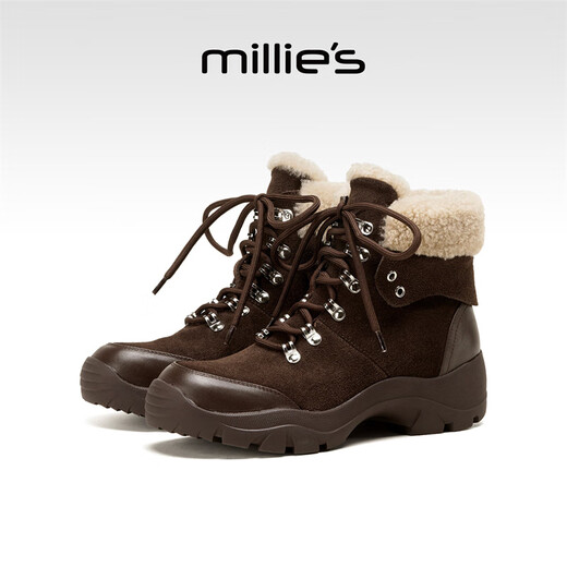 Millies genuine leather fashion plus velvet warm Martin boots for women, versatile lace-up high-top casual shoes, short boots for women, brown 37