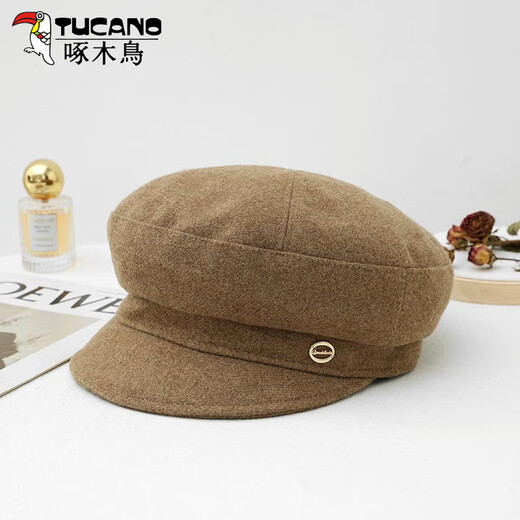 Woodpecker Coffee Colored Beret Women's Spring and Autumn 2025 New Leather Retro Versatile Face Showing Little British Style Newsboy Octagonal Hat Black One Size (56-58cm)