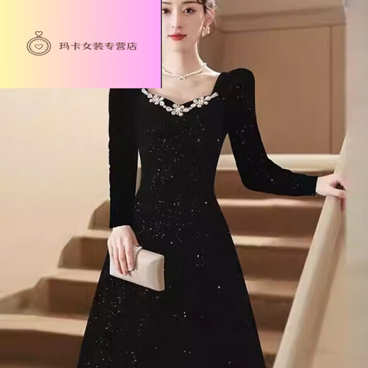 NJTD black evening dress high-end light luxury niche French Hepburn style host female banquet art test ceremony black long sleeves M