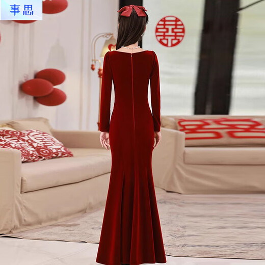 Sisi Velvet Fishtail Bridal Toast Wear High-End Light Luxurious Red Dress Feminine Slim Winter Long Sleeve Annual Party Burgundy S