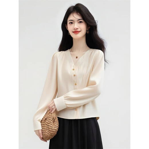 Xinfeiyu French style small fragrant style long-sleeved shirt for women 2025 autumn new V-neck metal embellished straight splicing top