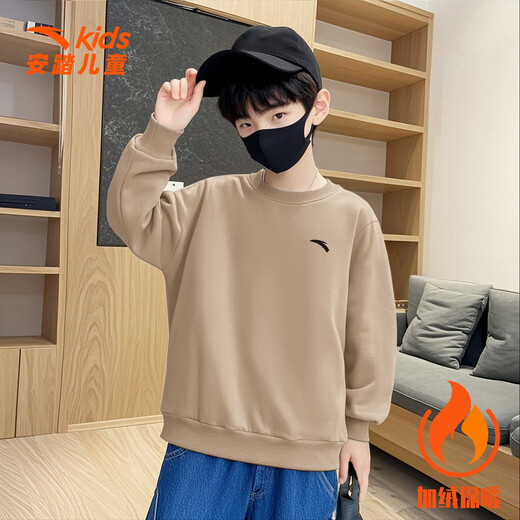 ANTA (ANTA) children's sweatshirt boys long-sleeved 2025 autumn and winter new velvet sports top knitted round neck pullover 5707-6 fir yellow velvet thickened 150