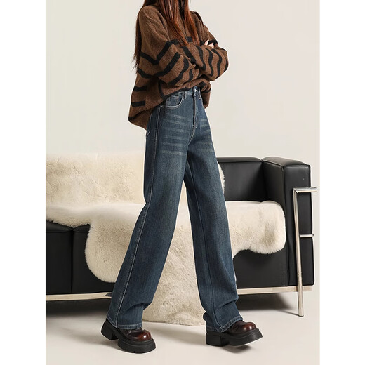 Cotton plus velvet thickened slightly flared wide-leg jeans for women autumn and winter new high-waisted loose straight casual pants for small people 1101 retro blue plus velvet high quality L 105-115Jin Jin is equal to 0.5 kg