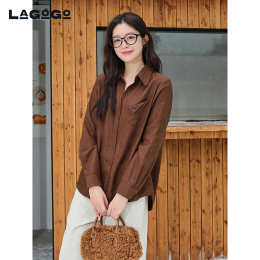 LAGOGO Barn Style Lapel Shirt Jacket Women Lagogu 2025 Winter New Brown Top OCCC439C12 Brown L