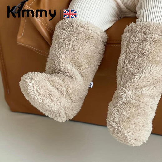 Kimmy British baby autumn and winter foot covers children's shoes thickened warm cotton shoes shoe covers foot covers sleeping baby socks khaki double layer plush socks 0-1 years old recommended (inner length 13cm)